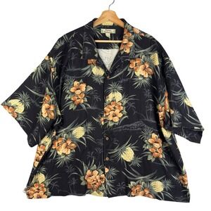 Tommy Bahama Camp Shirt Men Size XXL 100% Silk Modern floral Black Short‎ sleeve